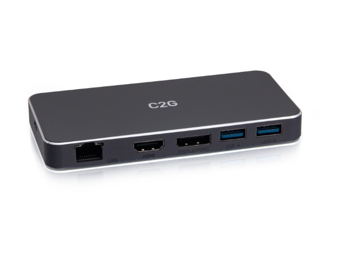 Bild på C2G USB-C 7-in-1 Dual Display MST Docking Station with HDMI, DisplayPort, Ethernet, USB, and Power Delivery up to 100W